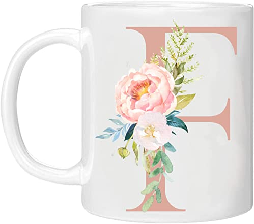 MOBILE STUFF Personalised Floral Mug Letter F - Any Alphabet 11oz Ceramic Coffee/Tea Cup Gift for Christmas, Birthday, Secret Santa, Mother’s Day Printed Glitter, NOT Real Glitter (Rose F)