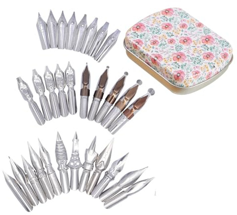 SIPLIV 30 Pieces Stainless Steel Comic Pen Nib Calligraphy Nibs for Dip Pens, Manga Nibs Fountain Pen Nibs Replacements with Steel Storage Box (Chrysanthemum)