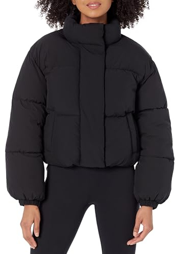 Amazon Essentials Damen Cropped-Pufferjacke mit durchgehendem Reißverschluss (gesteppt matt oder Sherpa-Fleece), Schwarz, XS