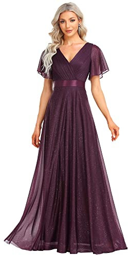 Ever-Pretty Vestito da Cerimonia Maniche Corte con Volantes Scollo a V Stile Impero Linea ad A Lunghezza del Piano da Donna Viola Scuro 40
