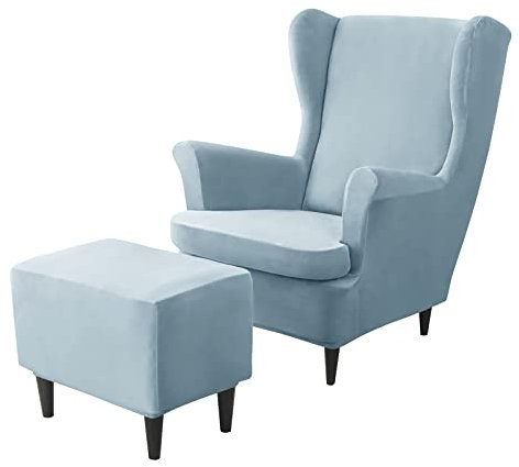 JHLD Stretch Husse für Ohrensessel Mit Ottomane Schonbezug, Samt Husse für Ohrensessel 2 Stück Ohrensessel Schonbezug 1 Stück Ottomane Bezug -hellblau-3 Stück