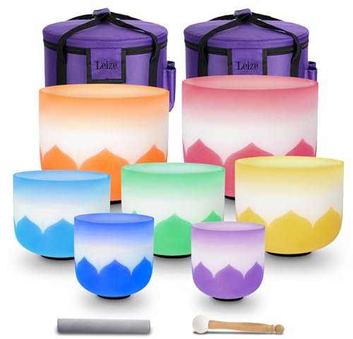 Leize 6-12 Inch Lotus Design Coloured Edge Chakra Tuned 432Hz Set of 7 Quartz Crystal Singing Bowls with Durable Carry Bags and Singing Bowl Mallet Suede Striker