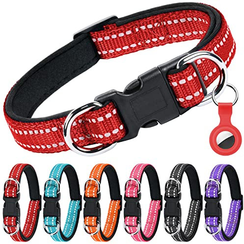 AUAUY Collier pour Chien, Collier en Nylon Réfléchissant Réglable Classique avec Rembourré Doux Respirant Mesh, Collier avec Étui AirTag pour Petits Chiens, Moyen Gros, Grand Chiens(Rouge-M)