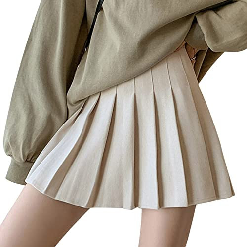 DRESHOW Rétro Jupe Basique Elastique évasée Mini Jupe Plissée Patineuse Décontractée Pour Femmes Filles, Pleated Mini Skirt 04-Beige, L