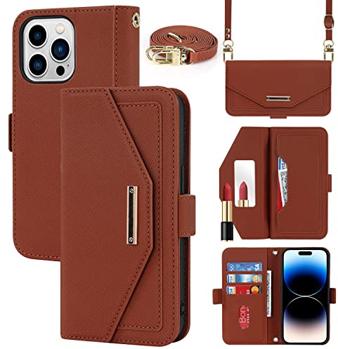Cavor Coque Compatible avec iPhone 14 Pro Etui avec Cordon,Flip Portefeuille Étui Cuir,[5 Porte Cartes][Miroir][Magnétique][Réglable Collier] Housse - Marron