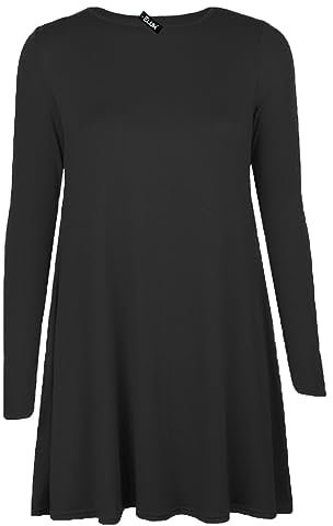 Tease Womens Plain Long Sleeve Stretch A Line Skater Flared Swing Dress Top Plus Size T-Shirt 8-26 (10, Black)