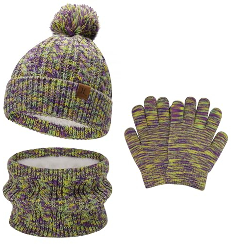 Bequemer Laden Kinder Winter Warm Beanie Mütze Handschuhe Loop Schal Set Wintermütze Strickmütze Schlauchschal Winterhandschuhe für 5-8 Jahre Mädchen Jungen, Lila
