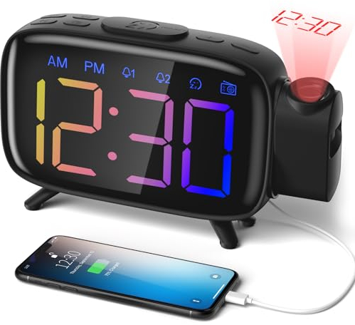 ELEHOT-Store Radio Reveil Projection Plafond Réveil Radio FM avec Double Alarme Reveille Numerique Couleur, 12/24H, 3 Niveaux de Luminosité, Port de Chargement Type-C