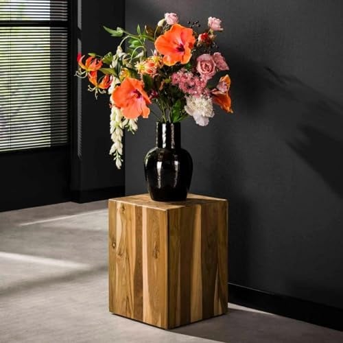 RINGO-Living Teakholz Pflanzen Tisch Zola Beistelltisch 45cm, Industrial Pflanzen Hocker, Blumentopf Ständer für Wohnzimmer, Pflanztisch Holz, Pflanzenständer Säule, Blumenständer Massivholz Echtholz