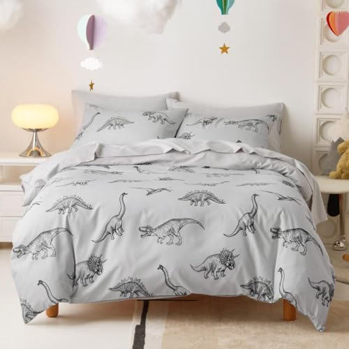 Wake In Cloud - Dinosaur Bedding Set for Boys, Dinosaur Sketch Patterned Soft Lightweight Comforter Set with Sheets, 5 Pieces Kids Bed in a Bag, Gray, Twin Size