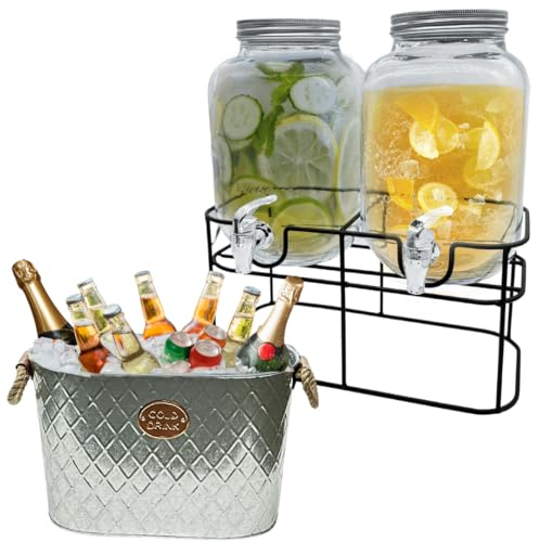 Trendi 2 x 4L Glass Drinks Dispenser with Taps and Metal Stand and 24L Cold Drinks GALVANISED Steel Oval Tub Outdoor ICE Bucket Cooler | Beverage Beer Lager Drink Pail Cocktails Parties