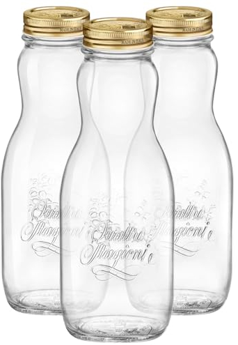 Bormioli Rocco 3X 1L Quattro Stagioni Saftflaschen aus Glas mit Schraubdeckel - Klar Wiederverwendbar Wasser Smoothie Milch Getränk Kühlschrank Lagerbehälter