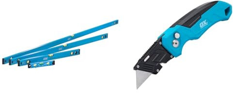 OX Trade 4 Piece Level Set - 600, 1200 & 1800mm Trade Level and Trade 230mm Torpedo Level & P224301 Pro Heavy Duty Fixed Blade Folding Knife, Blue/Black