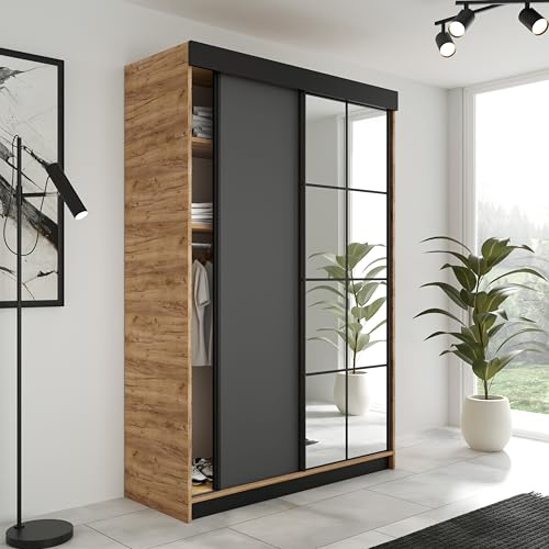KIER FURNITURE Schiebegarderobe LAMARO mit Spiegel - Schrank Schlafzimmer - Schlafzimmerschrank - Wardrobe Bedroom - Kleiderschränke - Kleiderschrank - 138x205x59 - Eiche Handwerk Gold & Graphit