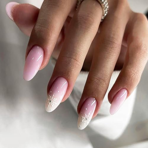 24pcs Mandel Press on Nails Kurz Weihnachts Falsche Nägel Rosa Weiß Gradient, Schneeflocken Design, Künstliche Nägel zum Aufkleben, Natürliche Kunstnägel für Frauen & Mädchen (Rosa, 24x)