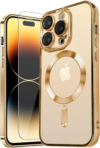 MH TECH Electroplated Case for iPhone 16 Pro Max Camera Lens Full Protection, Compatible with MagSafe Wireless Charging, Shockproof Soft TPU Phone Cover (Gold)