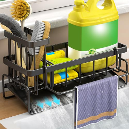 HTTYHT Organizador de Fregadero Cocina Colgador con 4 Ganchos Adhesivos Almacenamiento Soporte de Esponja Fregadero Escurridor Estropajos Fregadero para Colgar Organizador Estropajo y Bayeta - Negro