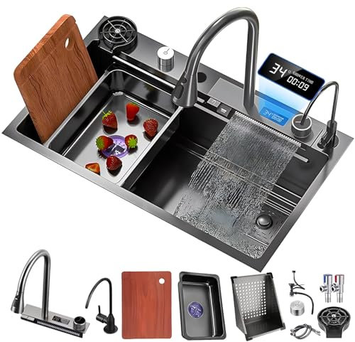 Fregadero Cocina 85x45cm, Multifuncional LED Fregadero de Cocina de 1 Cubeta, Negro Fregadero de Acero Inoxidable, con lavadora de vidrio, Kit de Drenaje Filtro, sifón así como otros accesorios