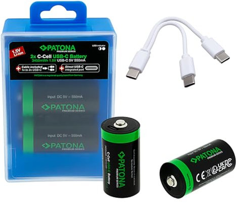 PATONA LR14 Baby C Batterie USB-C (confezione da 2), 1,5 V/3,45 Wh, 2300 mAh, ricaricabili tramite USB-C (550 mA), cavo di ricarica USB-C con 2 porte – 1411