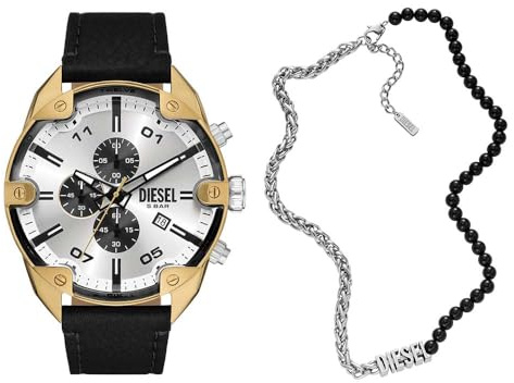 Diesel Herren Spiked Schwarze Lederuhr und Font Halskette aus silberfarbenem Edelstahl, Set