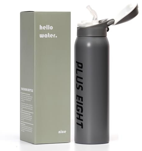 pluseight Edelstahl Trinkflasche, 500 ml Auslaufsichere Edelstahl Flasche mit Strohalm und Deckel Für Schule, Kinder, Frauen, Männer | Auslaufsicher & Schweißfest mit Anti-Staub Deckel ﻿ (Grau)