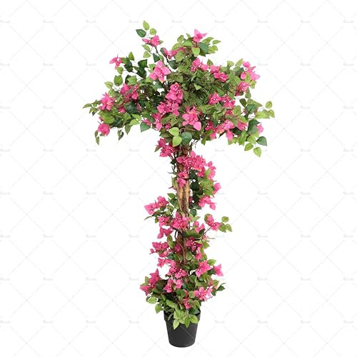 momoplant Árbol de buganvillas artificiales de 160 cm en maceta de cemento, planta de flores falsas, grandes árboles falsos rosas con flores para porche delantero, casa, oficina, jardín al aire libre