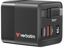 Verbatim GaN Ladegerät 65 W 3-Port USB-C Ladegerät mit ausziehbarem 85cm Kabel (2X USB-C + USB-A 30 W) Schnellladegerät für Laptops, MacBook, iPad, iPhone, Samsung & Co, Reiseadapter für EU,UK,USA