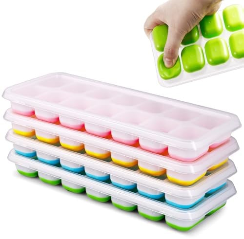 Eiswürfelform Silikon, 4er Pack Eiswürfelbehälter Mit Deckel, Quadratische Eiswürfelschalen, Stapelbar Eiswürfel Form, LFGB Zertifiziert und BPA Frei