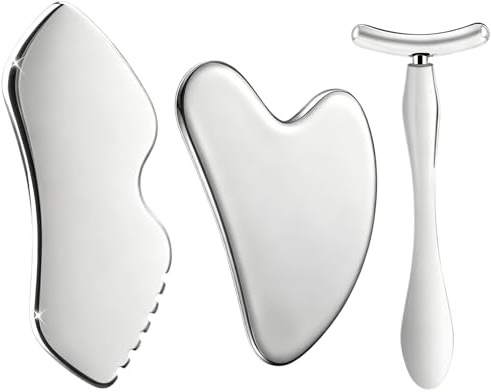 Gua Sha Tool, Stainless Steel Gua Sha Tool for Face, 3-Pack Scraping Massage Stone Tool with Storage Bag, Facial Scraper for Face Neck Eye Body Skin Care(C)