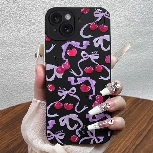Black Cherry Bow Phone Case for iPhone 15, Cute Red Cherry Pattern for Women Girls, SSoft TPU Slim Profile Shockproof Protective Cover for iPhone 15