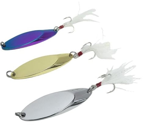 3 Pack Wedged Spoon Fishing Lure Spinner Gold Silver Salmon Sea Trout Pike Feather Wedge Feathered Feather Tail Mackerel Pollock Freshwater Saltwater Long Cast Bright Trebble Hook 20 Gram Shiny