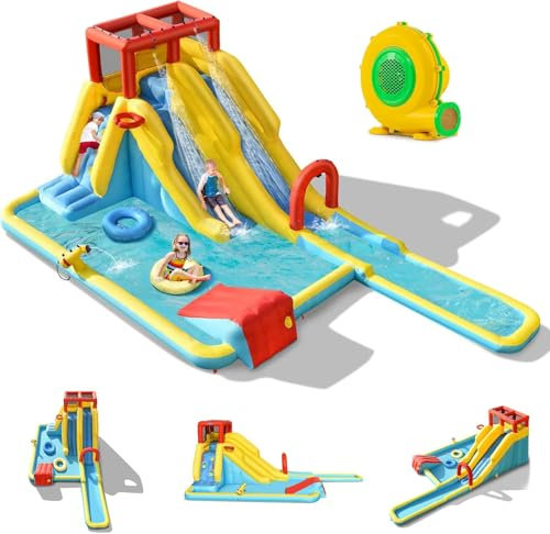 GOPLUS XXL Castillo de Agua Inflable al Aire Libre con Soplador con Piscina, Castillo Hinchable con Tobogán de Agua para Niños de 3-10 Años (con 680W Inflador)