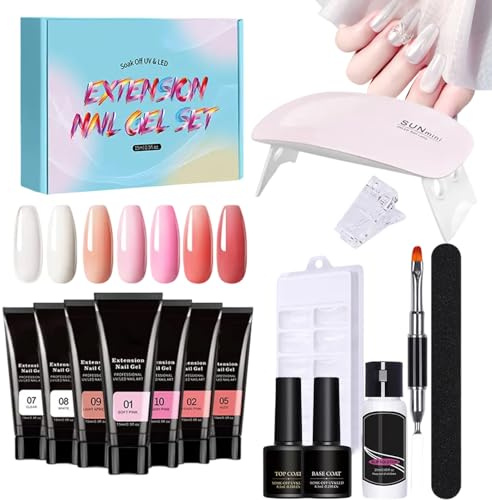 Poly Nail Gel Kit - Extension Gel Set Nail Kit with UV Light,7 Colors Toenail Art Nude Thickening Solution for Toe & Girls