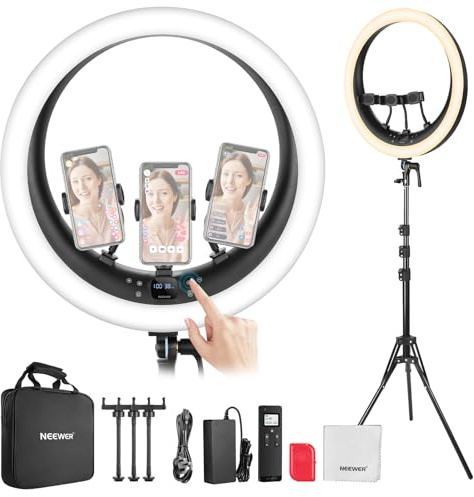 NEEWER RP19H 19 Ring Light with Tripod Stand/3 Phone Holders/Cleaning Cloth Compatible with iPhone, 2.4G Touch Control LED Ringlight for Video Recording Studio Streaming Zoom Selfie Makeup Lighting