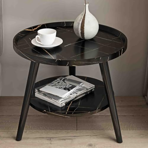 ZXFDMSWJ Table Basse Ronde Moderne avec étagère de Rangement à Deux Niveaux et Pieds en métal. Petite Table Centrale en Bois Noir pour Salon et Salle à Manger (24 po).