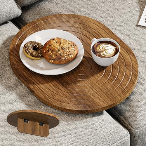 Asgolion Couch Tray Insert For Middle, 15.75x12.6 Wood Sofa Tray, Oval Tray Table For Armless Couch/Sectional, Folding Tray For Drink Snacks Phone Remote Holder, Walnut