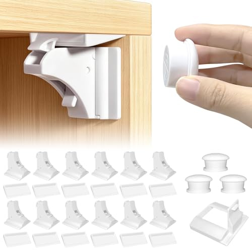 Magnetisches Schrankschloss - 12 Schlösser mit 3 Schlüsseln, Babysicherheit Magnetische Kindersicherung, Kindersicherungssystem, unsichtbare Schrankschlösser, Schubladensicherungen ohne Bohren Weiß