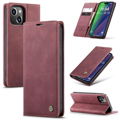 Ottcooed Handyhülle für iPhone 15 Hülle, Premium Leder Flip Case, Magnet Klappbar Klapphülle Tasche, Standfunktion Kartenfach Wallet Schutzhülle für iPhone 15, Weinrot