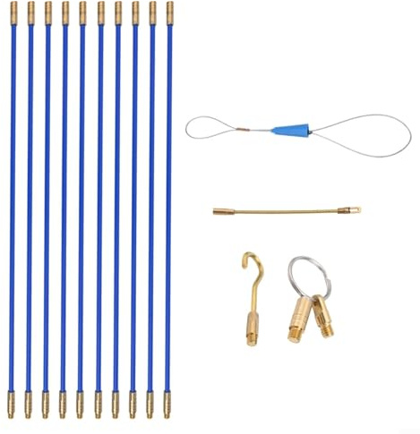 Komplettes Kabeleinfädel-Set mit 10 Fiberglas-Stangen, 33 cm lang, 4 mm Durchmesser, Aufbewahrungskoffer, flexible Führung und Zughaken