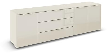 Rauch Möbel Flipp, Kommode, Farbe Glas Beige, Breite 199 cm | Sideboard, 3-türig, 3 Schubladen, Glasfront, Soft-Close-Funktion, für Schlafzimmer, Gästezimmer, Wohnzimmer, Garderobe, Flur