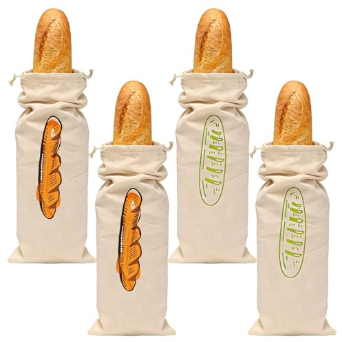 HONYUET 4er Set Baguette Beutel, 16 x 64 cm Baumwolle Brotbeutel mit Kordelzug, Wiederverwendbare Baguette Tüten Baguette Bag für Bäcker Markt Küche Französisches Baguette (Naturfarbe)