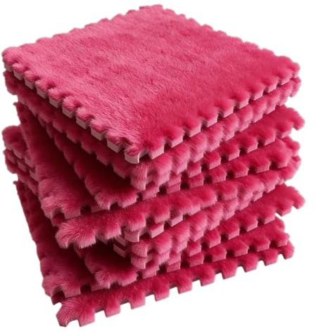 12 pièces de Tapis de Puzzle en Peluche interconnectées, 30 cm (Rose Vif) | tapis de puzzle pour bébé,tapis de puzzle en mousse pour sol,douces tapis de jeu en puzzle en peluche,tapis en carreaux pour