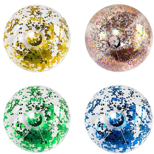 YIPFEN 4 Stück aufblasbare Glitzer Wasserbälle, transparente PVC Strandbälle mit Sequins, wiederverwendbar für Pool, Strand & Sommerparty (40 cm, bunt)