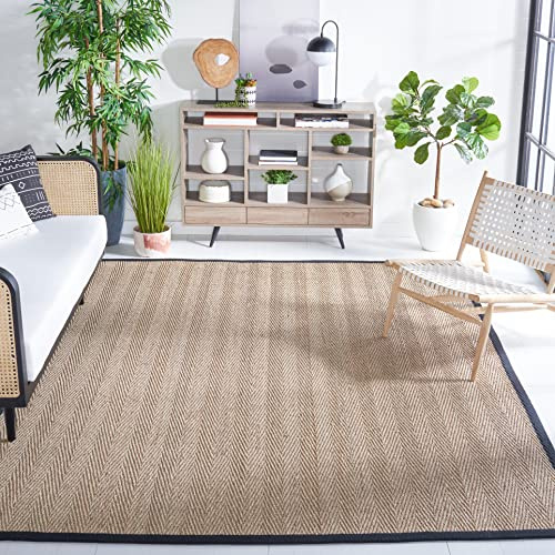 SAFAVIEH Area Rug 8' Square - Natural Fiber Collection - Natural & Black, Seagrass, Herringbone Pattern with Border (NF115C)