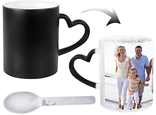 Mug Personnalisé avec Votre Photo Image Message Tasse Magique en Céramique Sensible à la Chaleur Change Couleur Coupe à Café Thé Boire avec Cuillère en Bonus pour Cadeau d'Anniversaire Noël Fête