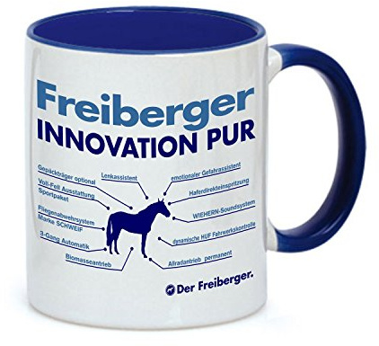 siviwonder Tasse Freiberger Kaltblut - Innovation, 375 ml, weiß/blau | Kaffeebecher mit Pferdemotiv, Geschenk für Reiter, Bürotasse für Kaffee und Tee, spülmaschinen- und mikrowellengeeignet