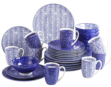 vancasso Takaki Porcelain Dinner Set for 8, Japanese Style Crockery Blue Dinnerware Tableware, 32 Pieces Dinner Service with Dinner Plates, Dessert Plates, Cereal Bowls and Mug