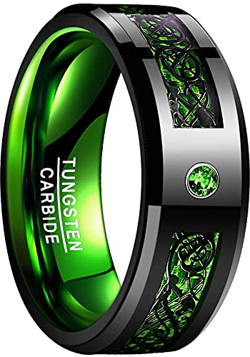 NUNCAD Anillo Hombre Mujer Unisex de Tungsteno con Zirconia Dragón Celta Verde + Fibra 8mm Talla (15)