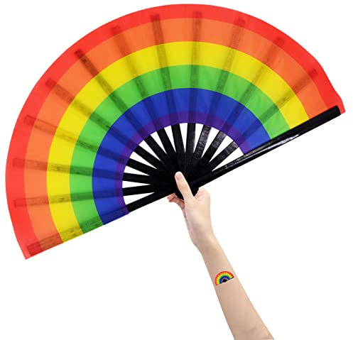 Amajiji Large Folding Hand Rave Fan for Women/Men, Chinease/Japanese Bamboo and Nylon-Cloth Folding Hand Fan, Hand Fan Festival Fan Gift Fan Craft Fan Folding Fan Dance Fan (Rainbow)
