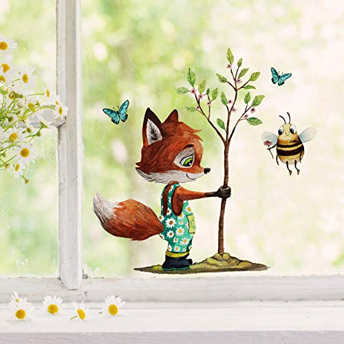 Fensterbilder Fensterbild Fuchs Reh & Hasen mit Pusteblume Osterkorb Ostern wiederverwendbar Fensterdeko bf31 - ausgewählte Farbe: *bunt* ausgewählte Größe: *9. Fuchs pflanzt Baum*
